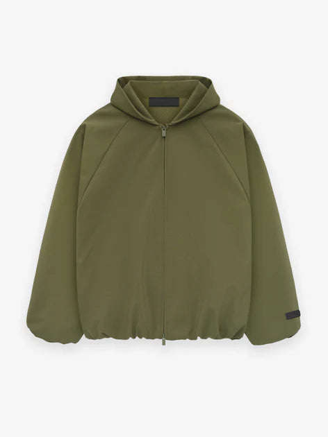 Fear of God Essentials Bonded Nylon Hooded Bomber in Military