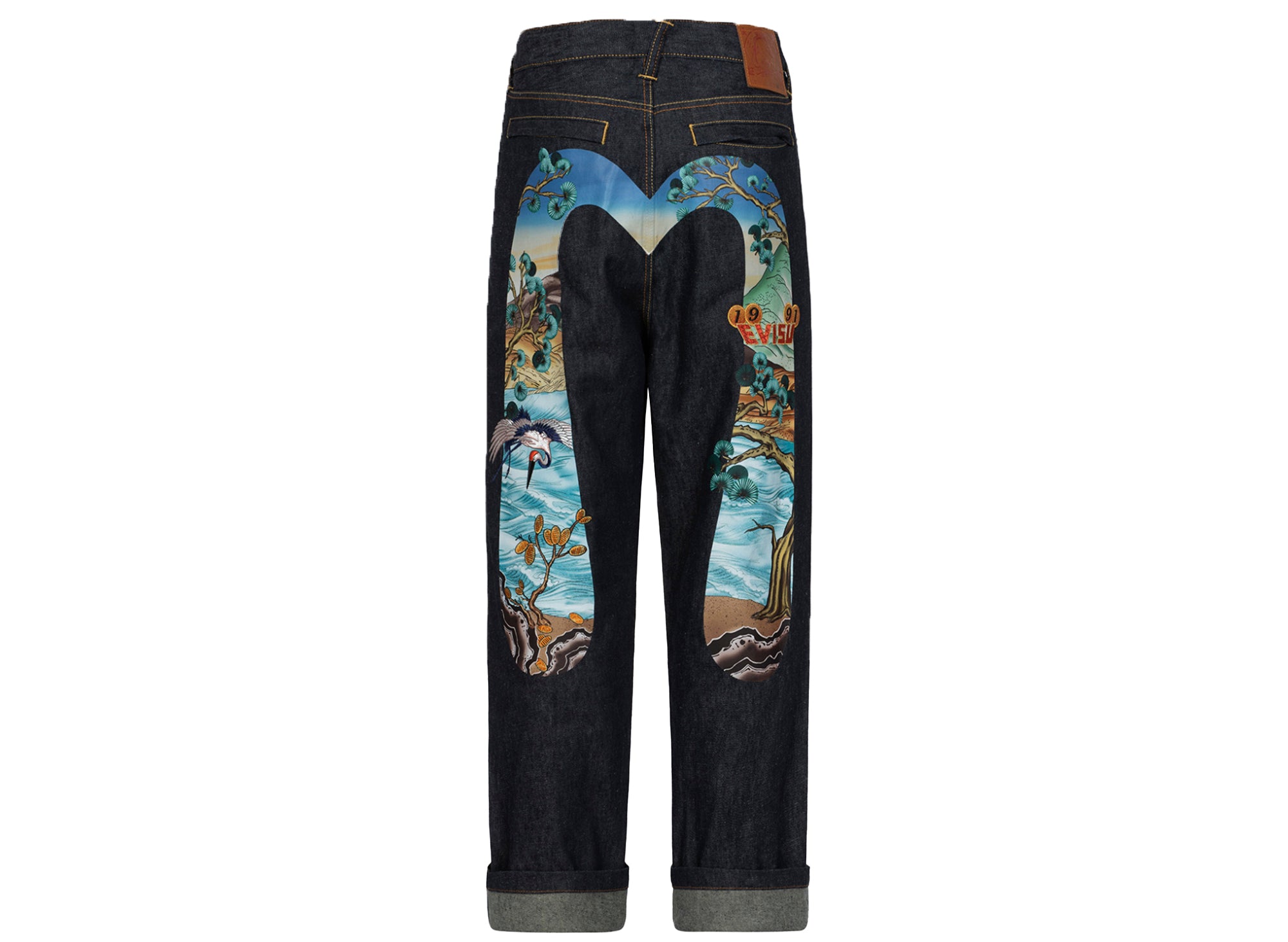 Evisu Pine Pattern Daicock Print Embroidered Wide Leg Denim Jeans ...