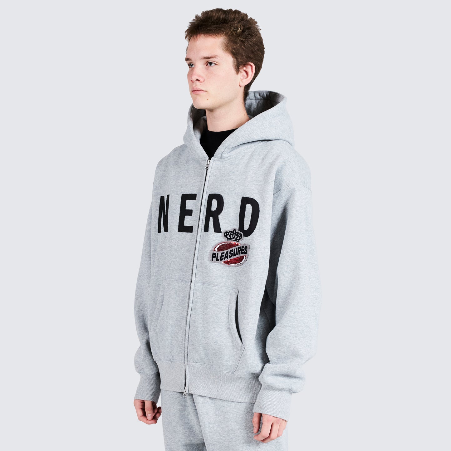 Pleasures NERD Zip Up Hoodie in Heather Grey